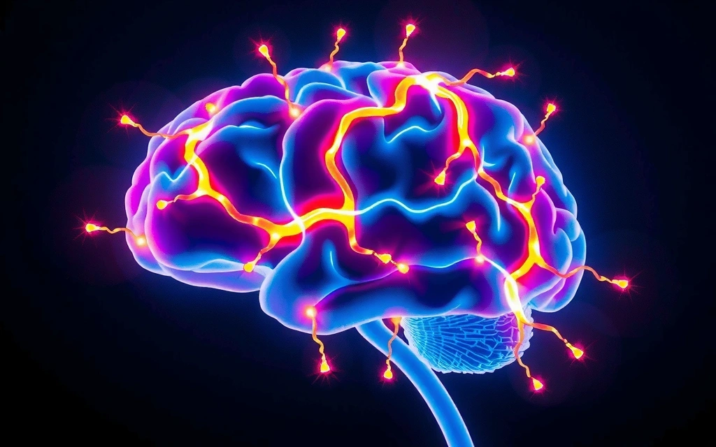 Cerebro humano con conexiones neuronales iluminadas, simbolizando la función cerebral y el sistema nervioso.