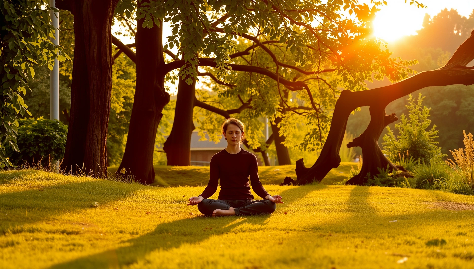 Persona meditando en la naturaleza al amanecer