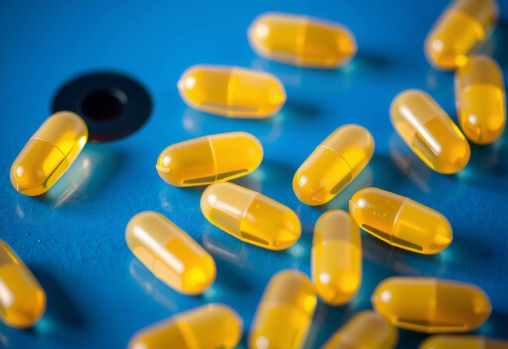 Cápsulas de Omega-3 sobre una superficie azul con agua