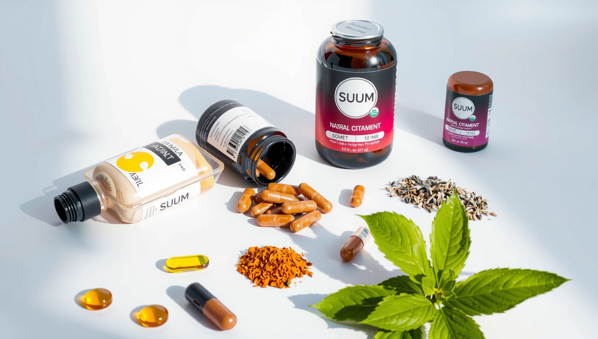 Selección de diversas vitaminas y suplementos naturales en un entorno luminoso