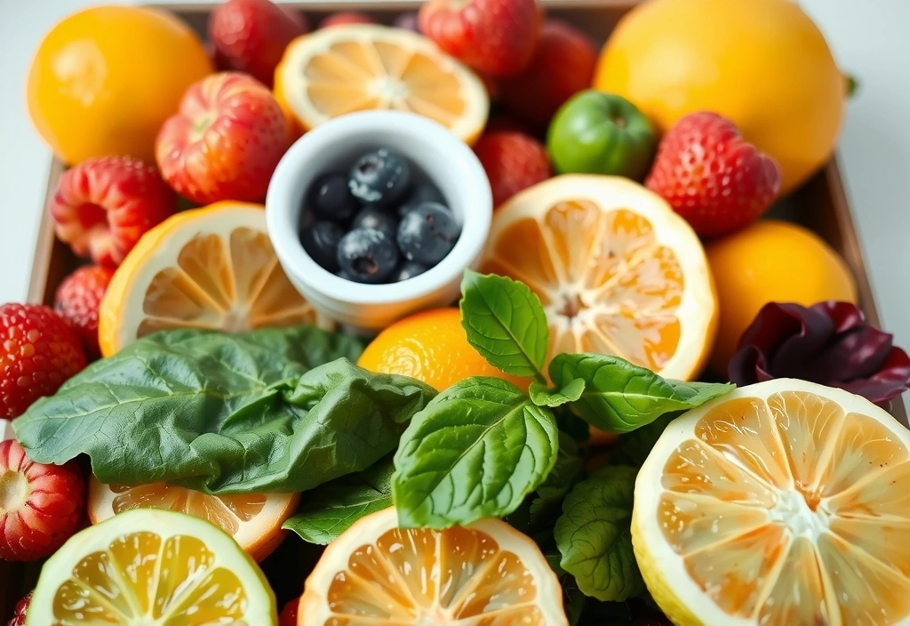 Frutas y verduras frescas simbolizando vitaminas naturales y bienestar